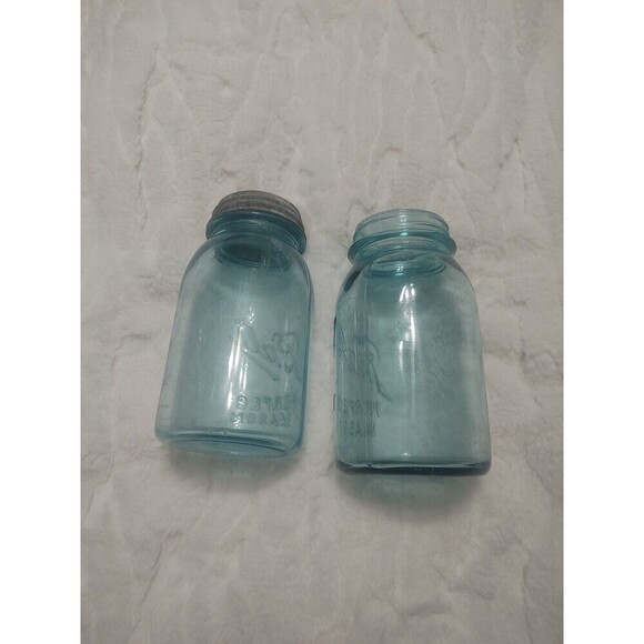 Vintage Blue Glass Ball Mason Jar Extended A Bubbles One Zinc Lid 2 Jars - Picture 3 of 13
